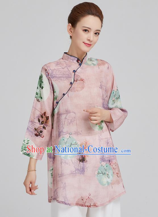 China Tai Chi Upper Outer Garment Top Kung Fu Costume Tang Suit Printing Mangnolia Light Pink Flax Shirt