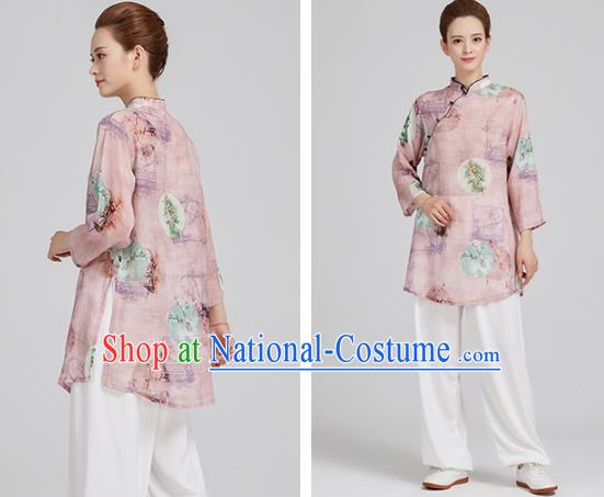 China Tai Chi Upper Outer Garment Top Kung Fu Costume Tang Suit Printing Mangnolia Light Pink Flax Shirt