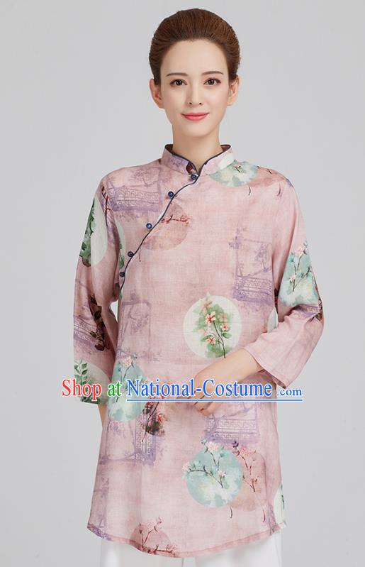 China Tai Chi Upper Outer Garment Top Kung Fu Costume Tang Suit Printing Mangnolia Light Pink Flax Shirt