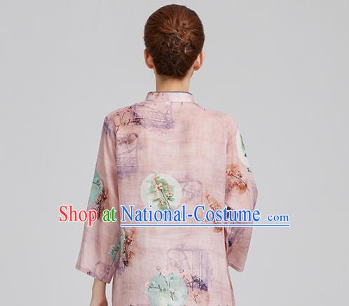 China Tai Chi Upper Outer Garment Top Kung Fu Costume Tang Suit Printing Mangnolia Light Pink Flax Shirt