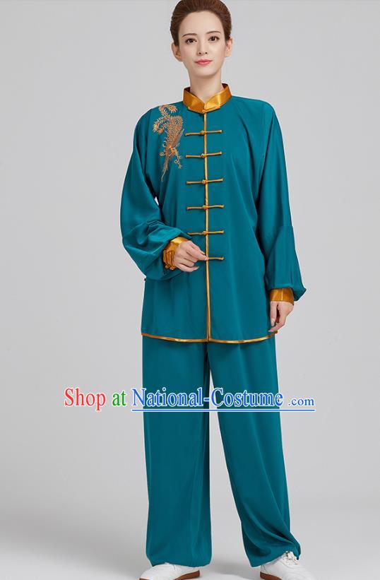 China Top Kung Fu Costumes Embroidered Tai Chi Training Blue Uniforms