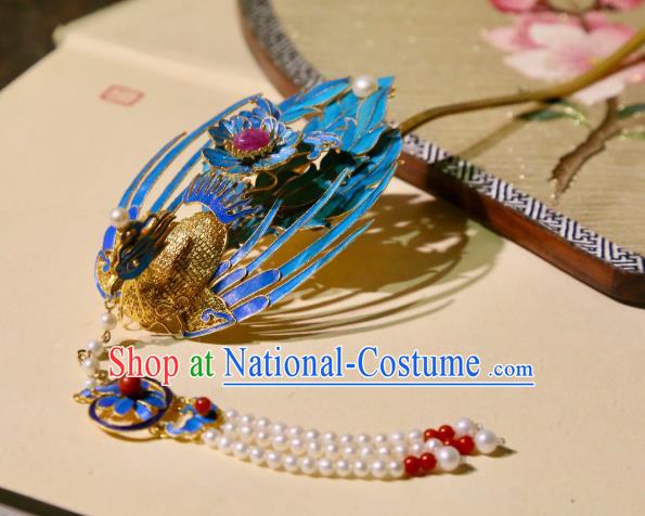 Chinese Handmade Peals Tassel Hairpin Traditional Hair Jewelry Ancient Ming Dynasty Court Woman Filigree Phoenix Hair Crown