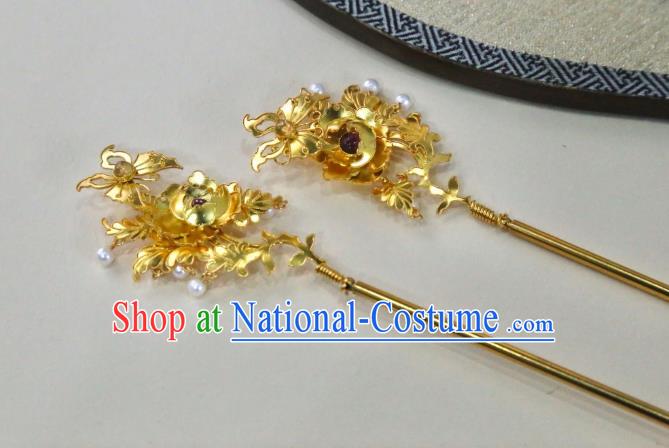 Chinese Handmade Golden Butterfly Ruby Hairpin Traditional Hair Jewelry Ancient Ming Dynasty Princess Hair Stick