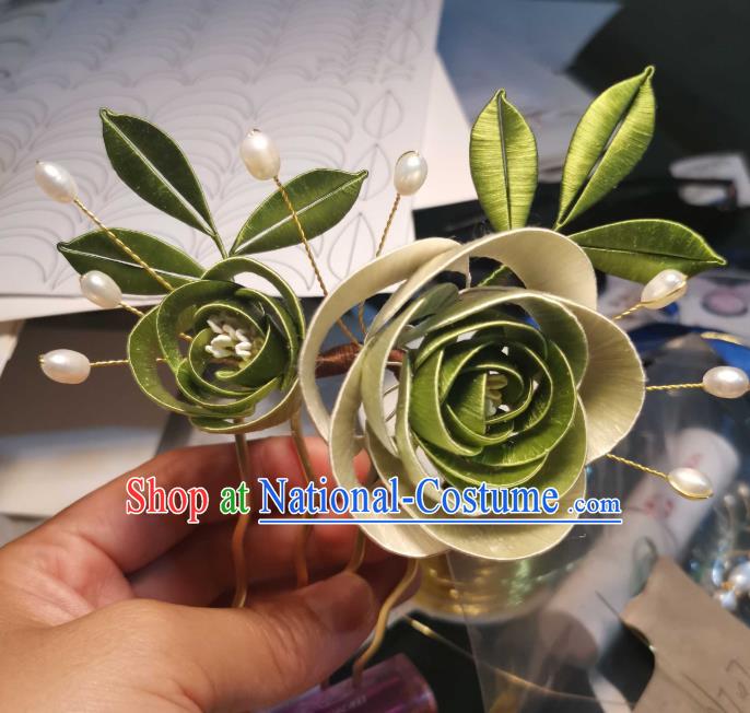 Chinese Ancient Song Dynasty Princess Green Silk Rose Hair Comb Handmade Hairpin Traditional Hair Jewelry