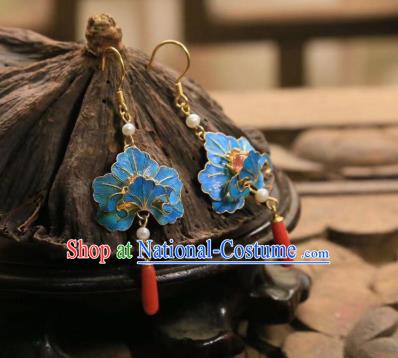 Handmade Chinese Blue Peony Ear Accessories Traditional Culture Jewelry Cheongsam Agate Earrings