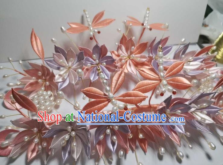 Chinese Handmade Silk Lotus Hairpin Traditional Hair Jewelry Ancient Song Dynasty Princess Pearls Dragonfly Hair Crown