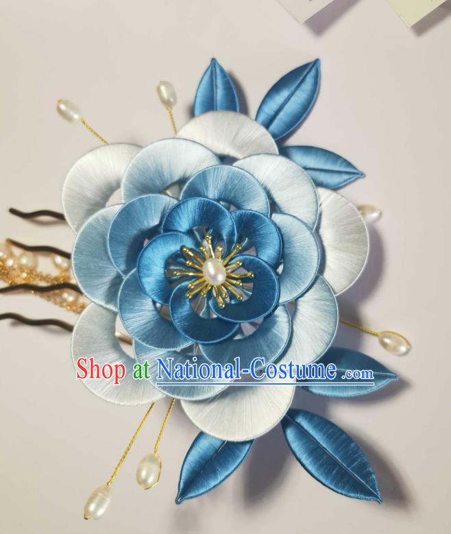 Chinese Handmade Blue Silk Camellia Hairpin Ancient Song Dynasty Princess Hair Comb Traditional Hair Jewelry