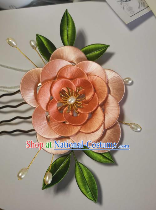 Chinese Ancient Song Dynasty Princess Hair Comb Traditional Hair Jewelry Handmade Orange Silk Camellia Hairpin