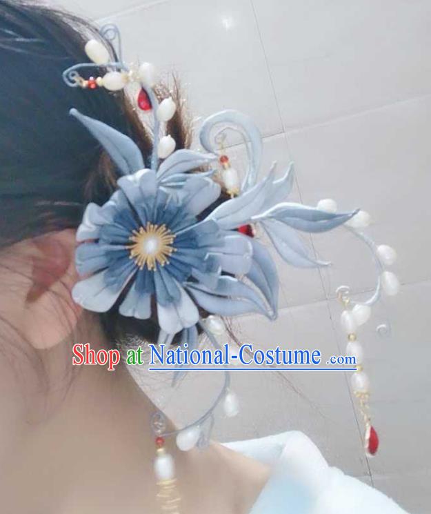 Chinese Handmade Blue Silk Chrysanthemum Hairpin Ancient Princess Pearls Tassel Hair Stick Traditional Hair Jewelry