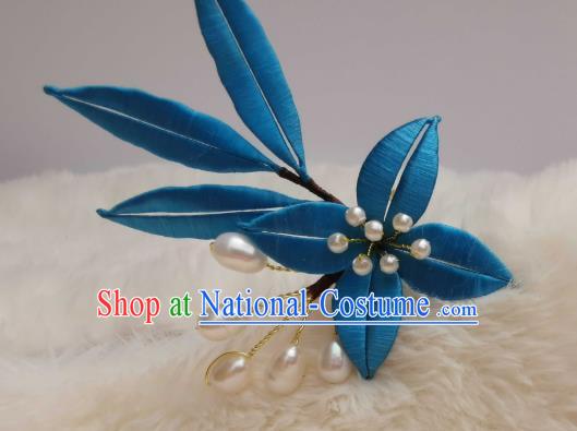 Chinese Ancient Princess Pearls Hair Stick Traditional Hair Jewelry Handmade Blue Silk Bamboo Leaf Hairpin