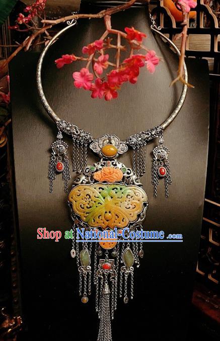 China Traditional Jade Carving Butterfly Necklace Accessories Handmade Silver Tassel Necklet Pendant