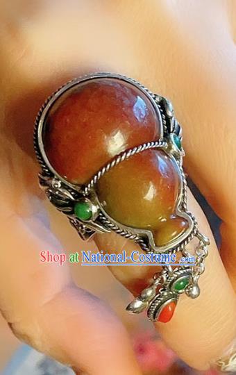 Chinese National Silver Ring Jewelry Traditional Handmade Jadeite Gourd Circlet Accessories