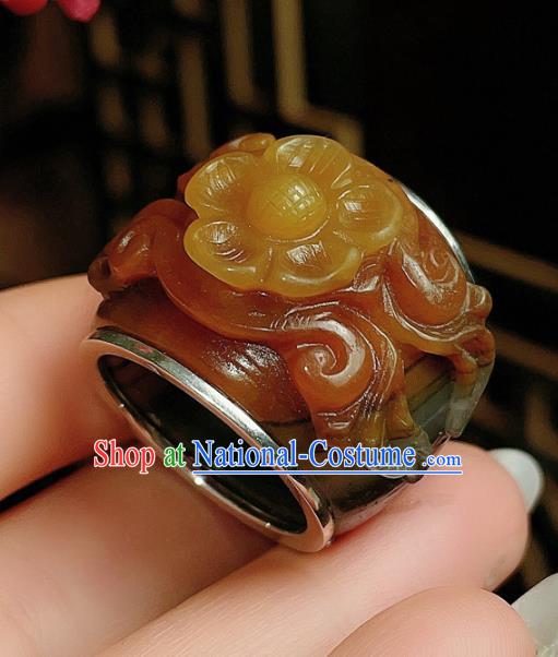 Chinese National Ring Silver Jewelry Traditional Handmade Jadeite Carving Plum Circlet Accessories