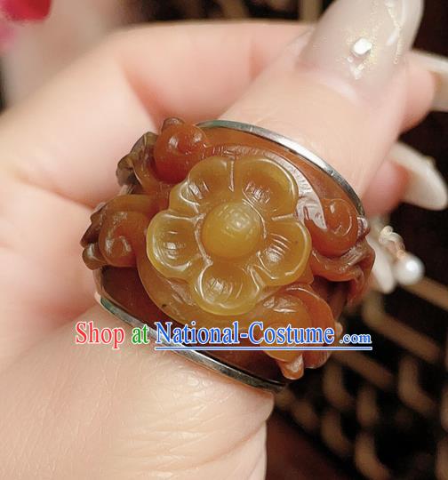 Chinese National Ring Silver Jewelry Traditional Handmade Jadeite Carving Plum Circlet Accessories