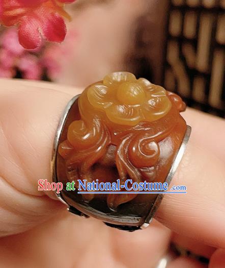 Chinese National Ring Silver Jewelry Traditional Handmade Jadeite Carving Plum Circlet Accessories