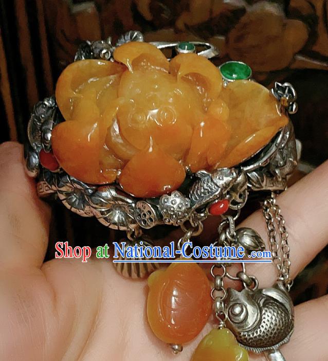 Chinese National Jade Carving Lotus Bracelet Jewelry Traditional Handmade Accessories Silver Bangle