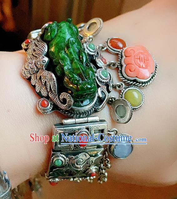 Chinese National Jadeite Tiger Bracelet Jewelry Traditional Handmade Accessories Silver Carving Bat Bangle