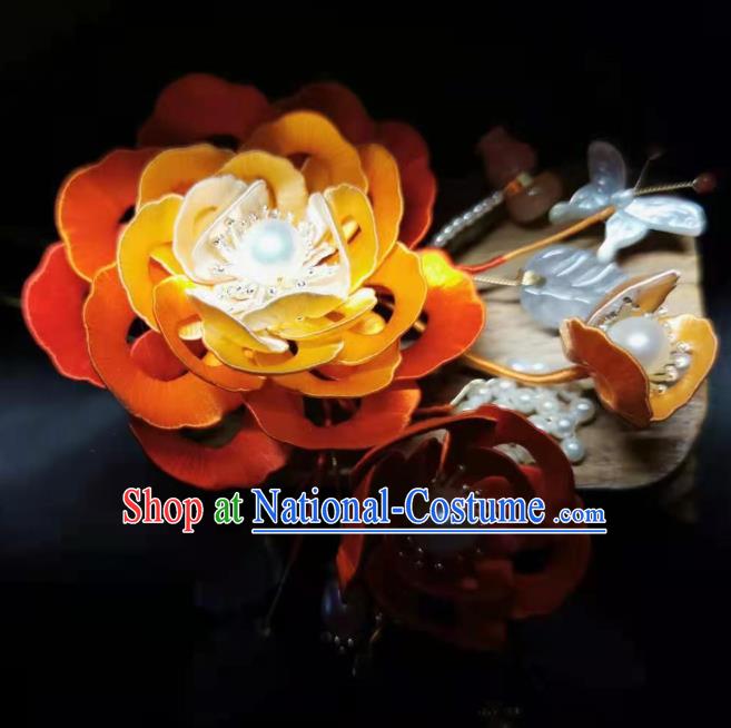 China Handmade Ancient Princess Orange Peony Hair Stick Traditional Hair Accessories Song Dynasty Pearls Hairpin