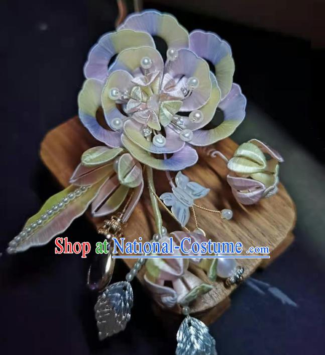 China Song Dynasty Pearls Hairpin Handmade Ancient Princess Lilac Peony Hair Stick Traditional Hair Accessories