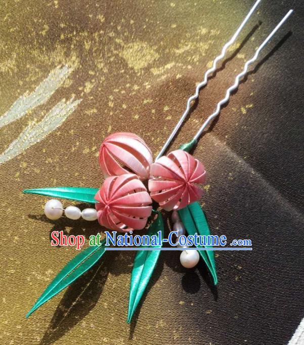 China Handmade Ancient Princess Silk Peach Hair Stick Traditional Hair Accessories Song Dynasty Hairpin