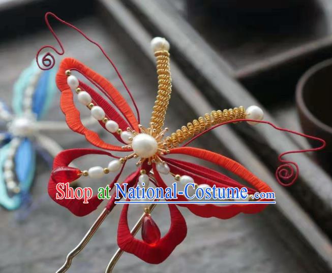 China Song Dynasty Red Butterfly Hairpin Traditional Hair Accessories Handmade Ancient Princess Pearls Hair Stick