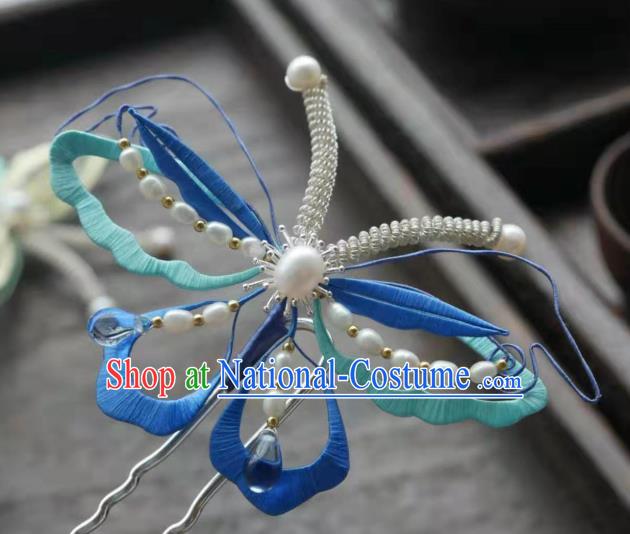 China Handmade Ancient Princess Blue Butterfly Hair Stick Traditional Hair Accessories Song Dynasty Pearls Hairpin