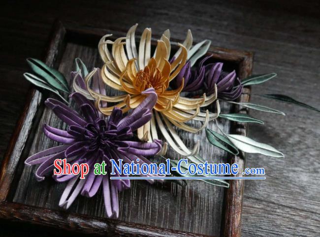 China Handmade Ming Dynasty Hairpin Ancient Princess Silk Chrysanthemum Hair Stick Traditional Hair Accessories