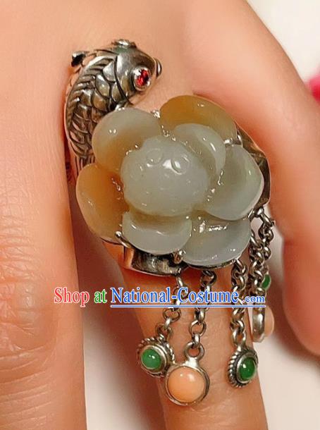 Top Chinese National Silver Carving Fish Ring Jewelry Traditional Handmade Accessories Jade Lotus Circlet