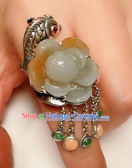 Top Chinese National Silver Carving Fish Ring Jewelry Traditional Handmade Accessories Jade Lotus Circlet