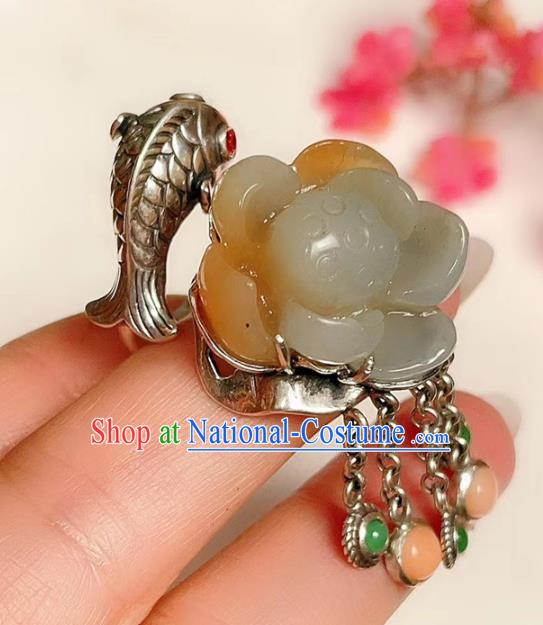 Top Chinese National Silver Carving Fish Ring Jewelry Traditional Handmade Accessories Jade Lotus Circlet