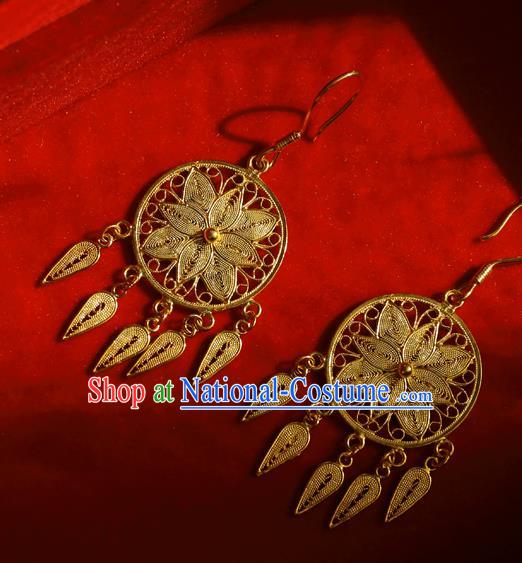 Chinese Traditional Handmade Golden Dreamcatcher Earrings Accessories National Cheongsam Ear Jewelry