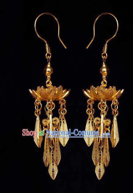 Chinese Ancient Empress Ear Jewelry Traditional Ming Dynasty Golden Lotus Earrings Accessories