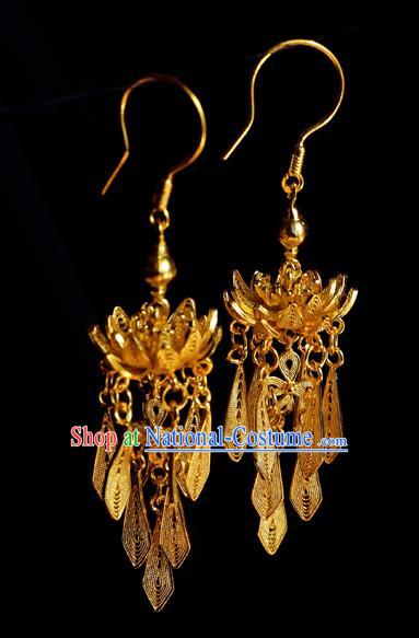 Chinese Ancient Empress Ear Jewelry Traditional Ming Dynasty Golden Lotus Earrings Accessories