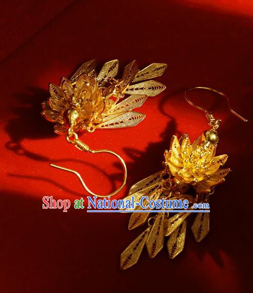 Chinese Ancient Empress Ear Jewelry Traditional Ming Dynasty Golden Lotus Earrings Accessories