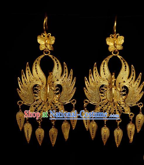 Chinese Traditional Ming Dynasty Earrings Accessories Ancient Empress Golden Phoenix Ear Jewelry