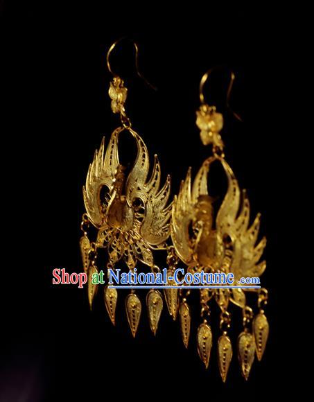 Chinese Traditional Ming Dynasty Earrings Accessories Ancient Empress Golden Phoenix Ear Jewelry