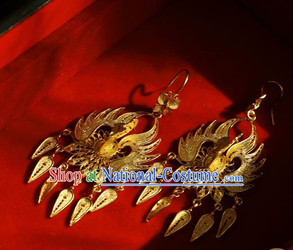 Chinese Traditional Ming Dynasty Earrings Accessories Ancient Empress Golden Phoenix Ear Jewelry