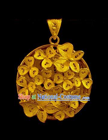 China Traditional Ming Dynasty Golden Necklace Accessories Ancient Princess Filigree Butterfly Flowers Necklet Pendant