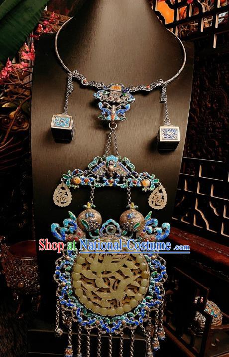 China Traditional Cloisonne Silver Necklace Accessories Handmade Jade Carving Crane Necklet Pendant