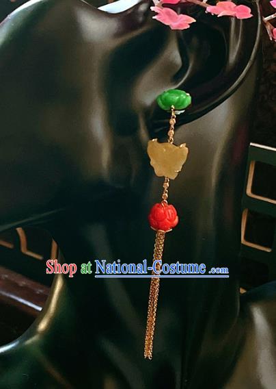 Chinese National Jade Butterfly Earrings Traditional Jewelry Handmade Golden Tassel Ear Accessories