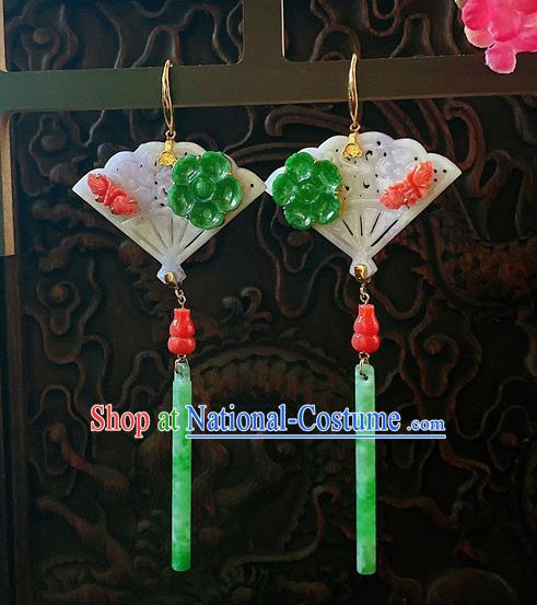 Chinese National Jadeite Fan Earrings Traditional Jewelry Handmade Ear Accessories