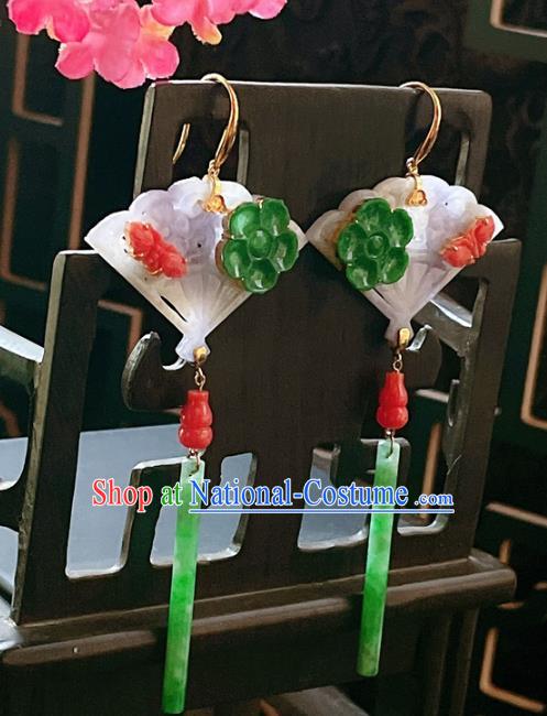 Chinese National Jadeite Fan Earrings Traditional Jewelry Handmade Ear Accessories