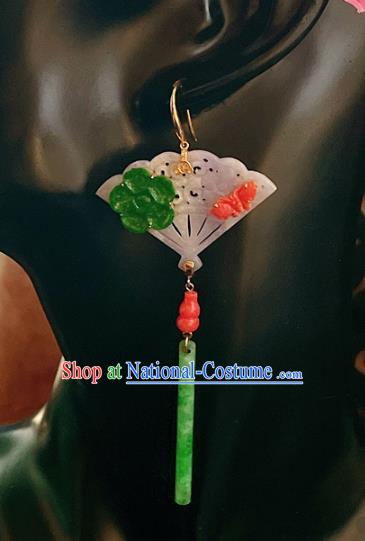 Chinese National Jadeite Fan Earrings Traditional Jewelry Handmade Ear Accessories