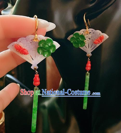 Chinese National Jadeite Fan Earrings Traditional Jewelry Handmade Ear Accessories