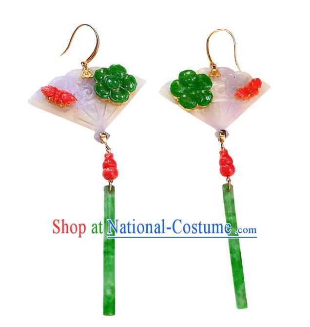 Chinese National Jadeite Fan Earrings Traditional Jewelry Handmade Ear Accessories