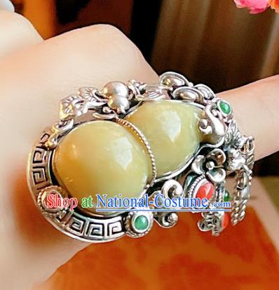 Top Chinese National Jadeite Gourd Ring Jewelry Traditional Handmade Accessories Silver Circlet