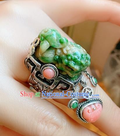 Top Chinese National Ring Silver Jewelry Traditional Handmade Accessories Jade Carving Lion Circlet