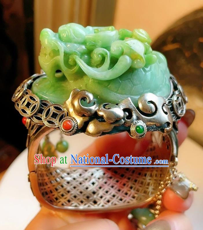 Handmade Chinese National Jade Carving Dragon Bracelet Accessories Traditional Culture Jewelry Silver Bangle