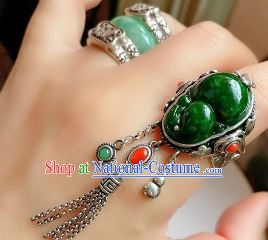 Top Chinese National Green Jadeite Ring Jewelry Traditional Handmade Wedding Accessories Silver Gourd Tassel Circlet