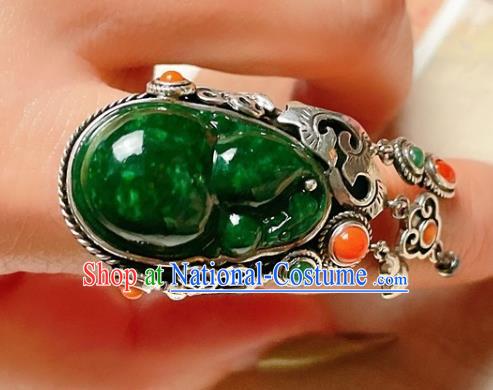 Top Chinese National Wedding Silver Ring Jewelry Traditional Handmade Accessories Green Jadeite Circlet